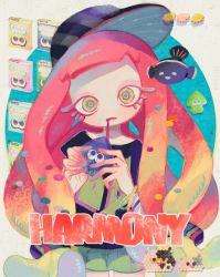 Rule 34 | 1girl, baseball cap, black shirt, blonde hair, bracelet, character name, clownfish, colored eyelashes, colored skin, cowboy shot, drooling, fish, frown, gradient hair, gradient skin, green eyes, green hair, green skirt, hands up, harmony&#039;s clownfish (splatoon), harmony (splatoon), hat, highres, holding, jewelry, judd (splatoon), legs apart, li&#039;l judd (splatoon), long hair, looking at viewer, low twintails, miniskirt, multicolored hair, multicolored skin, nintendo, no eyebrows, open mouth, pink hair, pink skin, purple skin, rerain, shirt, short sleeves, sideways hat, skirt, splatoon (series), splatoon 3, standing, striped clothes, striped headwear, tentacle hair, tropical fish, twintails