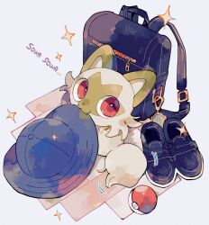 Rule 34 | :3, backpack, bag, black bag, black footwear, blue hat, cat, closed mouth, commentary request, creatures (company), fang, game freak, hat, highres, looking up, mouth hold, nintendo, no humans, oharu-chan, poke ball, poke ball (basic), pokemon, pokemon (creature), red eyes, shoes, smile, solo, sparkle, sprigatito