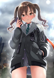 Rule 34 | 1girl, blush, brown eyes, brown hair, cellphone, commentary request, from below, gluteal fold, hand in pocket, highres, holding, holding phone, idolmaster, idolmaster cinderella girls, jacket, long hair, long sleeves, looking at viewer, looking down, mask, mk (mod0), mole, mole under eye, mouth mask, necktie, open mouth, outdoors, panties, pantyshot, parka, phone, pleated skirt, sharp teeth, shirt, skirt, smartphone, solo focus, standing, sunazuka akira, teeth, twintails, underwear, upskirt, white panties