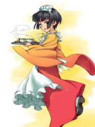 Rule 34 | apron, cup, food, ikoku meiro no croisee, japanese clothes, kimono, maid headdress, solo, tatsuhiko (pasutaya), teacup, tray, yune (ikoku meiro no croisee)