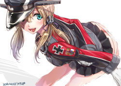 Rule 34 | 10s, 1girl, anchor hair ornament, aqua eyes, arms behind back, ass, bent over, black ribbon, blonde hair, blush, butt crack, cross, dated, gloves, hair ornament, hat, highres, iron cross, kantai collection, long sleeves, low twintails, military, military hat, military uniform, open mouth, panties, pantyshot, peaked cap, prinz eugen (kancolle), ribbon, smile, solo, twintails, ugeppa, underwear, uniform, white gloves, white panties