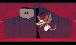 Rule 34 | 1girl, animal ears, blush stickers, breasts, curtains, green hair, hat, leotard, mad rat dead, mouse (animal), mouse ears, mouse girl, mouse tail, necktie, nippon ichi, rat god, red eyes, tail, text box, theater, top hat, wings, wrist cuffs
