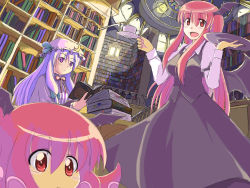 Rule 34 | 3girls, :d, book, bow, character request, crescent, cup, dress, dual persona, female focus, hair bow, hat, head wings, highres, holding, holding book, koakuma, library, long hair, magic: the gathering, megurine luka, multiple girls, open book, open mouth, patchouli knowledge, plate, purple eyes, purple hair, red eyes, red hair, saucer, smile, takoluka, teacup, touhou, voile, wings, yo! (amaysenso)