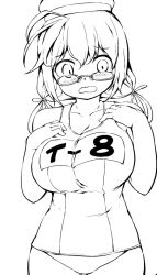 Rule 34 | 10s, 1girl, :o, ahoge, beret, blush, breasts, character name, cleavage, cowboy shot, embarrassed, eyebrows, glasses, greyscale, hair between eyes, hair ribbon, hands on own chest, hat, i-8 (kancolle), kantai collection, large breasts, lineart, looking at viewer, low twintails, military hat, monochrome, name tag, old school swimsuit, one-piece swimsuit, open mouth, raised eyebrows, ribbon, sakimori dan, school swimsuit, semi-rimless eyewear, sidelocks, simple background, solo, standing, surprised, swimsuit, twintails, under-rim eyewear, wavy mouth, wide-eyed