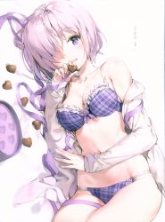 Rule 34 | 1girl, absurdres, alternate costume, anmi, bra, breasts, candy, chocolate, chocolate heart, collarbone, fate/grand order, fate (series), food, frilled bra, frills, hair over one eye, hard-translated, hard-translated (non-english), heart, highres, huge filesize, looking at viewer, lying, mash kyrielight, medium breasts, off shoulder, on side, open mouth, panties, pink hair, plaid, plaid bra, plaid panties, purple bra, purple eyes, purple panties, purple ribbon, ribbon, scan, short hair, solo, third-party edit, underwear