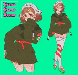 Rule 34 | 1girl, absurdres, alternate costume, anno88888, belt, blush, brown eyes, brown hair, character name, clothes writing, eyewear strap, garter straps, glasses, green background, hand in pocket, headdress, highres, jacket, kantai collection, multiple views, necktie, pince-nez, pocket, red neckwear, roma (kancolle), shirt, short hair, simple background, standing, striped, thighhighs