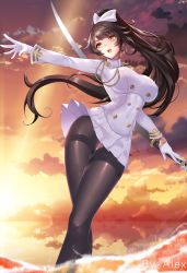 Rule 34 | 1girl, absurdres, artist request, azur lane, black hair, black pantyhose, breasts, brown hair, cloud, cloudy sky, covered navel, crossed legs, foreshortening, from below, gloves, hair ribbon, high ponytail, highres, katana, large breasts, lips, long hair, long sleeves, military, military uniform, miniskirt, open mouth, outdoors, outstretched arm, panties, panties under pantyhose, pantyhose, pantyshot, ponytail, ribbon, skirt, sky, solo, standing, sunset, sword, takao (bilan hangxian), tassel, thighband pantyhose, underwear, uniform, very long hair, wading, weapon, white gloves, xi ti, yellow eyes