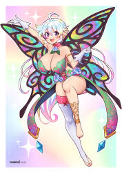 Rule 34 | 1girl, bare shoulders, barefoot, blue hair, blush, border, breasts, choker, cleavage, clothing cutout, dress, fairy, fairy wings, feet, full body, gloves, gradient background, gradient hair, green dress, large breasts, looking at viewer, multicolored hair, navel, navel cutout, open mouth, original, pink hair, pointy ears, purple eyes, single thighhigh, smile, solo, teeth, thighhighs, toeless legwear, toenails, toes, upper teeth only, virus-g, white border, white gloves, white hair, white thighhighs, wings