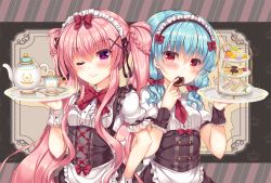 Rule 34 | 2girls, ;), apron, blue hair, blush, bow, breasts, center frills, closed mouth, commentary request, cookie, cup, food, frilled apron, frills, hair bow, hair ornament, holding, holding food, holding tray, lilia chocolanne, long hair, macaron, maid, multiple girls, necktie, one eye closed, original, pink hair, puffy short sleeves, puffy sleeves, purple eyes, red bow, red eyes, red neckwear, saucer, shirt, short sleeves, smile, suzunone rena, teacup, teapot, tiered tray, tray, twintails, underboob, very long hair, waist apron, white apron, white shirt, wrist cuffs, x hair ornament