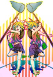 Rule 34 | 1boy, 1girl, aqua eyes, bad id, bad pixiv id, barefoot, blonde hair, brother and sister, butterfly net, feet, hair ornament, hair ribbon, hairclip, hand net, hat, highres, kagamine len, kagamine rin, open mouth, ribbon, short hair, shorts, siblings, soles, straw hat, supaidaman, tank top, toes, twins, vocaloid
