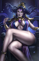 Rule 34 | 1girl, anklet, artist name, black lips, black nails, breasts, cleavage, crossed legs, crown, dandon fuga, diadem, dress, hades (series), hades 1, hair ornament, hairclip, highres, indoors, jewelry, large breasts, lips, lipstick, long hair, makeup, nail polish, necklace, nyx (hades), purple hair, realistic, sitting, solo, thick thighs, thighs, throne, yellow eyes