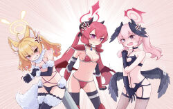 Rule 34 | 3girls, absurdres, ahoge, alternate costume, anger vein, animal ears, armor, blonde hair, blue archive, bracer, breasts, brooch, cleavage, cleavage cutout, clothing cutout, cosplay, covering privates, covering breasts, covering crotch, demon horns, demon wings, elbow gloves, elizabeth bathory (brave) (fate), elizabeth bathory (brave) (fate) (cosplay), elizabeth bathory (fate), embarrassed, fishnet thighhighs, fishnets, fur-trimmed gloves, fur-trimmed thighhighs, fur trim, garter belt, garter straps, gloves, grey wings, grimace, hair ribbon, halo, head wings, highres, horns, jewelry, junko (blue archive), kemonomimi mode, koharu (blue archive), low twintails, low wings, mash kyrielight, mash kyrielight (dangerous beast), mash kyrielight (dangerous beast) (cosplay), medium hair, multiple girls, navel, open mouth, pauldrons, pink eyes, pink hair, pointy ears, red hair, ribbon, shoulder armor, small breasts, stomach, suecovsky, tail, teeth, thigh gap, thighhighs, trait connection, twintails, wings, wolf ears, wolf tail, yellow eyes, yoshimi (blue archive)