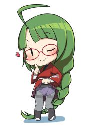 Rule 34 | 1girl, ahoge, bespectacled, blush, boots, braid, clothes lift, fairy (kancolle), glasses, green hair, grey pantyhose, head tilt, heart, highres, japanese clothes, kantai collection, long hair, long sleeves, mole, mole under mouth, nassukun, panties, panties under pantyhose, pantyhose, purple panties, red-framed eyewear, simple background, single braid, skirt, skirt lift, smile, solo, underwear, very long hair, white background, yuugumo (kancolle)