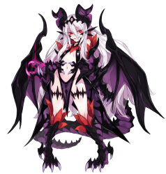Rule 34 | 1girl, animal hands, breasts, dragon girl, dragon horns, dragon tail, dragon wings, dress, fangs, fins, grin, head fins, horns, kenkou cross, long hair, looking at viewer, malef dragon (monster girl encyclopedia), monster girl, monster girl encyclopedia, official art, pelvic curtain, purple dress, red eyes, simple background, small breasts, smile, solo, tail, very long hair, white background, white hair, wings