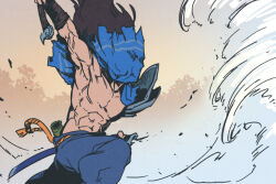Rule 34 | abs, arm up, armpits, black hair, blue pants, blue scarf, covered face, day, holding, holding sword, holding weapon, league of legends, long hair, muscular, muscular male, navel, pants, phantom ix row, scarf, single shoulder pad, solo, sword, torn clothes, torn scarf, tree, weapon, wings, yasuo (league of legends)