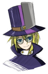 Rule 34 | 1boy, arc system works, bad id, bad pixiv id, blazblue, blazblue: calamity trigger, blonde hair, blue eyes, carl clover, glasses, hat, male focus, smile, solo, top hat, white background