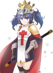 Rule 34 | 1girl, arm guards, armor, blue eyes, blue gloves, blue hair, breasts, brown socks, cape, closed mouth, cowboy shot, cross, cross print, crown, crusaders quest, dress, eyes visible through hair, gloves, hair between eyes, highres, holding, holding weapon, kneehighs, kopeolgi, long hair, looking at viewer, noel (crusaders quest), red cape, shoulder pads, simple background, skirt, small breasts, smile, socks, solo, spikes, standing, sword, thighhighs, twintails, visor (armor), weapon, white background, zettai ryouiki
