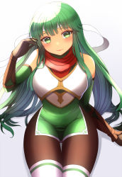 Rule 34 | 1girl, armor, black thighhighs, boots, breastplate, female focus, fire emblem, fire emblem: shadow dragon, fire emblem heroes, gloves, green eyes, green hair, hand in own hair, headband, highres, long hair, matching hair/eyes, nintendo, palla (fire emblem), red scarf, scarf, sitting, smile, solo, thick thighs, thigh boots, thighhighs, thighs, yozu (yozu0420)