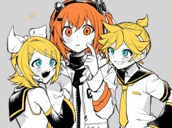 Rule 34 | 1boy, 2girls, a.i. voice, adachi rei, arm hug, blonde hair, blue eyes, blush, bow, boy and girl sandwich, brother and sister, commentary request, detached sleeves, gloves, grin, hair bow, hair ribbon, hand up, headlamp, headset, heart, high ponytail, highres, hood, hood down, hooded jacket, ikarashi (morimorienoki), jacket, kagamine len, kagamine rin, long sleeves, looking at another, looking at viewer, medium hair, multiple girls, necktie, one side up, open clothes, open jacket, open mouth, orange eyes, orange hair, partially colored, radio antenna, ribbon, sailor collar, sandwiched, scratching cheek, shirt, short hair, short ponytail, short sleeves, siblings, simple background, sleeveless, sleeveless shirt, smile, utau, vocaloid, yellow necktie
