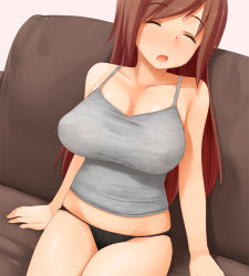 Rule 34 | 1girl, black panties, blush, breasts, brown hair, camisole, cleavage, couch, closed eyes, huge breasts, kaisen chuui, long hair, open mouth, original, panties, shirt, sitting, sleeping, sleeping upright, solo, taut clothes, taut shirt, underwear
