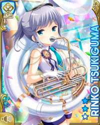 Rule 34 | 1girl, :o, bare arms, bare legs, bench, blue eyes, blue necktie, blue vest, boots, breasts, card (medium), day, girlfriend (kari), instrument, medium hair, music, necktie, official art, open mouth, outdoors, playing instrument, qp:flapper, shirt, silver hair, small breasts, solo, standing, tagme, tsukiguma rinko, tuba, vest, white footwear, white headwear, white shirt, wooden bench