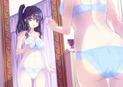 Rule 34 | 1girl, 54hao, :o, ass, bare arms, bare shoulders, black hair, blue eyes, blurry, blurry foreground, blush, bow, bow bra, bow panties, bra, breasts, cleavage, curtains, depth of field, groin, hair between eyes, highres, indoors, medium breasts, mirror, navel, one side up, original, panties, parted lips, reflection, solo, standing, underwear, underwear only, white bra, white panties