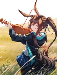 Rule 34 | 1girl, amiya (arknights), animal ears, arknights, black jacket, black pantyhose, blue eyes, blue ribbon, blue skirt, bow (music), collar, commentary, extra ears, hair ribbon, highres, holding, holding bow (music), holding instrument, holding violin, instrument, jacket, jewelry, jl tan, long hair, looking at viewer, looking back, music, open clothes, open jacket, outdoors, pantyhose, plaid, plaid skirt, playing instrument, ponytail, rabbit ears, ribbon, ring, shirt, skirt, sky, solo, violin, wheat, wheat field, white shirt, white sky