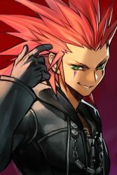Rule 34 | 1boy, axel (kingdom hearts), black coat, black gloves, cloak, coat, forehead, gloves, green eyes, grin, hand up, hood, hood down, hooded cloak, hungry clicker, kingdom hearts, long sleeves, looking at viewer, male focus, parted lips, red background, red hair, smile, solo, spiked hair, upper body