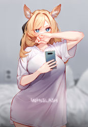 Rule 34 | 1girl, absurdres, animal ear fluff, animal ears, arknights, bed, bedroom, black bow, blonde hair, blue eyes, blurry, blurry background, bow, breasts, character name, commentary, covering own mouth, cowboy shot, duplicate, flying sweatdrops, hair bow, highres, holding, holding phone, horse ears, horse girl, indoors, long hair, long sleeves, looking at viewer, medium breasts, phone, photo (object), pixel-perfect duplicate, shirt, solo, tai (e3d1p), whislash (arknights), white shirt