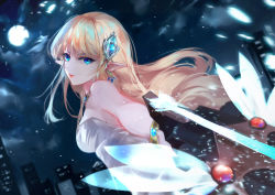 1girl, bare shoulders, blonde hair, blue eyes, bracelet, breasts, character request, dress, earrings, elf, feathers, hair ornament, highres, jewelry, long hair, looking at viewer, maplestory, moon, necklace, night, pointy ears, sky, skyline, solo, star (sky), starry sky, vardan, white dress