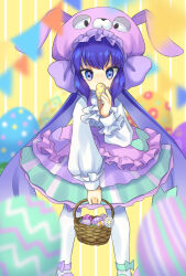 Rule 34 | 1girl, animal hat, ascot, asymmetrical footwear, basket, blue eyes, blue hair, blurry, bow, braid, covered mouth, depth of field, easter, easter egg, egg, feet out of frame, flower, frilled hat, frilled skirt, frills, green bow, green footwear, hand up, hat, highres, holding, holding basket, holding egg, layered skirt, long hair, long sleeves, low-braided long hair, low-tied long hair, miniskirt, mismatched footwear, namari tera honoka, otomachi una, pantyhose, puffy long sleeves, puffy sleeves, purple bow, purple footwear, purple skirt, rabbit hat, shirt, shoes, sidelocks, skirt, solo, string of flags, twin braids, twintails, very long hair, vocaloid, white ascot, white flower, white pantyhose, white shirt, yellow background