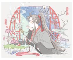 Rule 34 | 1boy, ahoge, artist name, bishounen, black hair, black robe, blush, border, branch, bud, chinese clothes, closed eyes, closed mouth, commentary request, dated, egasumi, fish, flower, grey background, hair between eyes, hair ribbon, hand fan, hands up, hanfu, high ponytail, holding, holding fan, incense, lan wangji, lattice, leaf, long hair, long sleeves, lotus, lotus leaf, male focus, modao zushi, outside border, paper fan, parted bangs, pink flower, profile, red ribbon, ribbon, robe, round window, shisuya, sidelocks, simple background, smile, solo, uchiwa, upper body, very long hair, watermark, white border, white flower, wide sleeves, window