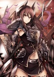 Rule 34 | 10s, 1girl, armor, armpits, bad id, bad twitter id, black shirt, black skirt, breastplate, brown hair, closed mouth, cowboy shot, draph, dual wielding, forte (shingeki no bahamut), gauntlets, granblue fantasy, holding, holding weapon, horns, lance, long hair, looking at viewer, looking to the side, miniskirt, navel, pauldrons, polearm, red eyes, shadowverse, shingeki no bahamut, shirt, shoulder armor, sideways glance, skirt, skirt set, sleeveless, sleeveless shirt, snm (sunimi), solo, stomach, weapon