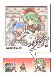 Rule 34 | &gt; &lt;, 4girls, absurdres, animal ears, blunt bangs, bow, camera, cat ears, cat tail, commentary request, dated, flying sweatdrops, front ponytail, gloves, green eyes, hair bow, hair ribbon, heart, heart hands, highres, kagiyama hina, kawashiro nitori, korean commentary, maid, multiple girls, paw pose, photo (medium), qudtjr4682, red bow, red ribbon, ribbon, signature, smile, sukuna shinmyoumaru, tail, touhou, two side up, white gloves, yamashiro takane