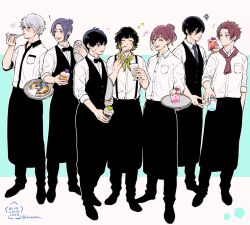 Rule 34 | 6+boys, 626dir, apron, bachira meguru, black bow, black bowtie, black hair, black pants, black vest, blonde hair, blue lock, bow, bowtie, chigiri hyoma, closed eyes, closed mouth, collared shirt, cup, drink, drinking glass, eating, food, full body, grey hair, hair up, holding, holding cup, holding food, holding spoon, holding tray, isagi yoichi, itoshi rin, itoshi sae, licking lips, long hair, looking at another, male focus, mikage reo, multicolored hair, multiple boys, musical note, nagi seishirou, necktie, open mouth, pants, pizza, purple hair, red hair, shirt, short hair, simple background, smile, spoon, standing, tongue, tongue out, tray, twitter username, two-tone hair, vest, waiter, white background, white shirt