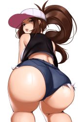 Rule 34 | 1girl, ass, ass focus, backboob, bare shoulders, baseball cap, black vest, blue eyes, breasts, brown hair, close-up, creatures (company), cutoffs, denim, denim shorts, exposed pocket, from behind, game freak, hat, high ponytail, highres, hilda (pokemon), huge ass, kevbot, long hair, looking at viewer, looking back, lower body, medium breasts, nintendo, pokemon, pokemon (creature), pokemon bw, ponytail, shirt, short shorts, shorts, sidelocks, sleeveless, sleeveless shirt, smile, solo, tank top, thick thighs, thighs, tongue, tongue out, vest, white shirt, wristband