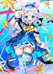 Rule 34 | 1girl, :d, animal ears, argyle, arm up, black bow, black ribbon, bloomers, blue dress, blue eyes, blue hair, blush, bow, braid, commentary request, double bun, dress, hair bow, hair bun, holding, holding stylus, kurot, long hair, looking at viewer, low twintails, open mouth, original, oversized object, pixiv-tan, rabbit ears, ribbon, salute, short sleeves, smile, solo, star (symbol), stylus, teeth, thighhighs, twin braids, twintails, underwear, upper teeth only, white bloomers, wrist cuffs
