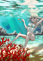 Rule 34 | 1girl, air bubble, arm up, armpits, barefoot, bikini, blonde hair, breath, bubble, coral, eila ilmatar juutilainen, fish, freediving, grin, highres, holding breath, long hair, smile, solo, strike witches, striped bikini, striped clothes, suomio, swimming, swimsuit, toe scrunch, toes, underwater, water, world witches series