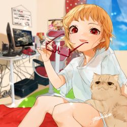 Rule 34 | 1girl, :p, alternate costume, alternate hairstyle, artist name, bad id, bad twitter id, blue sky, blurry, blurry background, blush, cable, casual, cat, chair, cloud, commentary request, computer, contemporary, curtains, day, electric plug, electrical outlet, feet out of frame, flandre scarlet, glasses, gotou (nekocat), hand up, headphones, highres, holding, holding removed eyewear, indoors, looking at viewer, monitor, nail polish, no headwear, pink nails, red-framed eyewear, rug, shirt, short hair, short sleeves, signature, sitting, sky, smile, solo, sweat, swivel chair, table, thighs, tongue, tongue out, touhou, unworn eyewear, white shirt