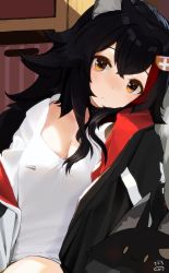 Rule 34 | 1girl, :3, animal ears, artist logo, black hair, black jacket, blush, breasts, cleavage, closed mouth, commentary, copyright name, hair between eyes, hair ornament, highres, hololive, jacket, long hair, looking at viewer, medium breasts, miochun, multicolored clothes, multicolored hair, multicolored jacket, nejime, off shoulder, ookami mio, ookami mio (casual), open clothes, open jacket, orange eyes, red hair, red jacket, shirt, signature, sitting, solo, streaked hair, two-sided fabric, two-sided jacket, two-tone hair, two-tone jacket, virtual youtuber, white shirt, wolf ears