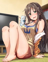 Rule 34 | 1girl, alcohol, arm support, bare shoulders, barefoot, beer, blush, breasts, brown hair, cleavage, feet, feet together, green eyes, hair ornament, hairclip, highres, himekawa yuki, idolmaster, idolmaster cinderella girls, jewelry, large breasts, long hair, looking at viewer, necklace, on floor, open mouth, shorts, sitting, starheart, sweat, toes