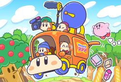 Rule 34 | ;), artist request, backwards hat, baseball cap, beanie, blue hat, blush stickers, boom microphone, cloud, commentary request, driving, flying, forest, green hat, hat, headphones, kirby, kirby (series), motor vehicle, nature, necktie, nintendo, official art, one eye closed, package, red neckwear, satellite dish, smile, tree, van, video camera, waddle dee, waving, whispy woods