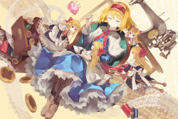 Rule 34 | 5girls, alice margatroid, blonde hair, boots, bow, chair, cross-laced footwear, dress, closed eyes, female focus, hair bow, hairband, lace-up boots, long hair, multiple girls, needle, sewing, sewing machine, sewing needle, shanghai doll, shihou (g-o-s), short hair, sitting, smile, string, touhou
