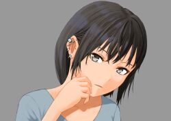 Rule 34 | 1girl, black hair, collarbone, commentary request, ear bar, ear piercing, earclip, earrings, grey background, grey eyes, hair between eyes, hand up, jewelry, kamitani takahiro, looking at viewer, original, parted lips, partial commentary, piercing, portrait, short hair, sidelocks, simple background, solo