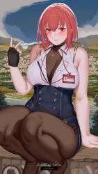 Rule 34 | 1girl, absurdres, arrow through heart, black gloves, breasts, gloves, hanada yanochi, heterochromia, highres, hololive, houshou marine, houshou marine (businesswoman), landscape, large breasts, leotard, looking at viewer, office lady, pantyhose, red hair, see-through, see-through leotard, short hair, sky, smile, solo, virtual youtuber