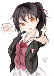 Rule 34 | 10s, 1girl, black jacket, blazer, blush, breasts, brown eyes, brown hair, cleavage, collarbone, collared shirt, commentary request, dakkusu, dated, fang, hair between eyes, hair ribbon, head tilt, index finger raised, jacket, kishuku gakkou no juliet, komai hasuki, long hair, open clothes, open jacket, open mouth, outstretched arm, pleated skirt, ponytail, red ribbon, red vest, ribbon, school uniform, shirt, signature, simple background, skirt, small breasts, solo, translation request, vest, white background, white shirt, white skirt