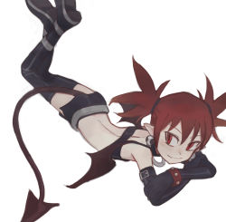 Rule 34 | 1girl, absurdres, back, black thighhighs, child, closed mouth, demon girl, disgaea, earrings, elbow gloves, etna (disgaea), eyebrows, feason, female focus, full body, gloves, highres, jewelry, looking at viewer, lying, mini wings, miniskirt, on stomach, pointy ears, red eyes, red hair, shoes, shorts, simple background, skirt, skull, solo, tail, thighhighs, white background, wings