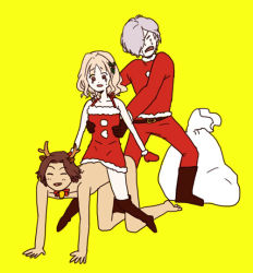 Rule 34 | 10s, 1girl, 2boys, all fours, antlers, belt, blonde hair, blush, boots, brown hair, christmas, crying, diabolik lovers, closed eyes, fangs, flat chest, gloves, hair over one eye, hair ribbon, horns, humor, komori yui, multiple boys, nude, open mouth, reindeer antlers, ribbon, sakamaki laito, sakamaki subaru, simple background, sitting, small breasts, white hair, yellow background