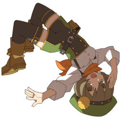 Rule 34 | 1girl, :d, arm up, belt, belt buckle, beret, black thighhighs, bokujou monogatari, bokujou monogatari: tsunagaru shin tenchi, boots, brown eyes, brown footwear, brown hair, buckle, buttons, collared shirt, double-breasted, green hat, harvest moon, hat, hobohochi, kerchief, knee boots, looking at viewer, menou (bokujou monogatari), open mouth, outstretched arm, salute, shirt, short hair, simple background, smile, solo, suspenders, thighhighs, upside-down, white background, white shirt, wing collar
