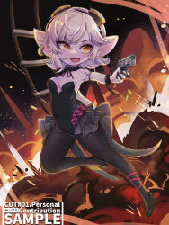 Rule 34 | 1girl, :d, alternate costume, animal ears, bare shoulders, black footwear, black leotard, black pantyhose, breasts, choker, covered navel, earrings, explosion, fang, frilled choker, frills, grey hair, gun, handgun, highres, holding, holding gun, holding weapon, jewelry, league of legends, leotard, maxin (xinzhisuozai), medium hair, neck ribbon, open mouth, orange eyes, pantyhose, playboy bunny, red ribbon, ribbon, shoes, small breasts, smile, solo, tristana, watermark, weapon, web address, yordle